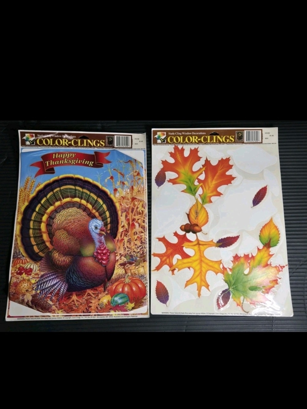 Vintage 1990's Thanksgiving Turkey And fall Leaves Window Color Clings Lot Of 2